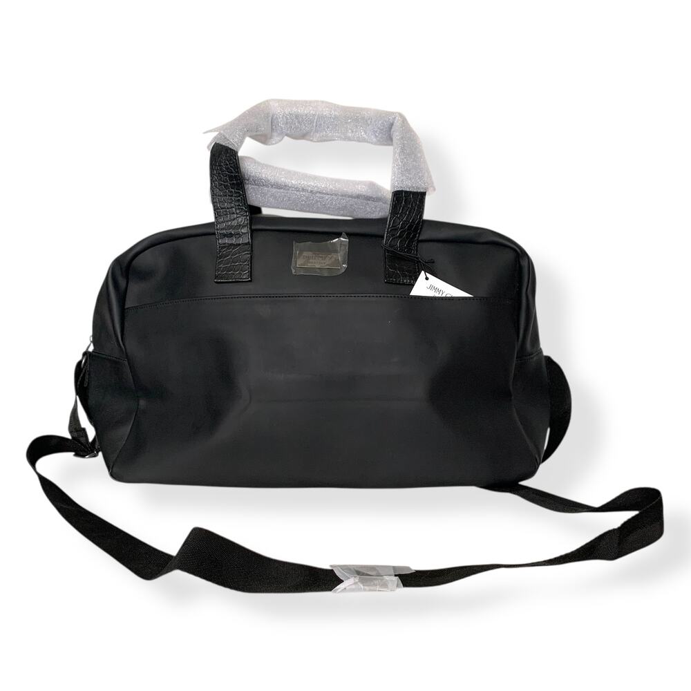 NWT Jimmy Choo unisex black faux leather weekender duffel carry on travel bag